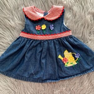 Samara girl's denim garden dress red and white gingham plaid collar